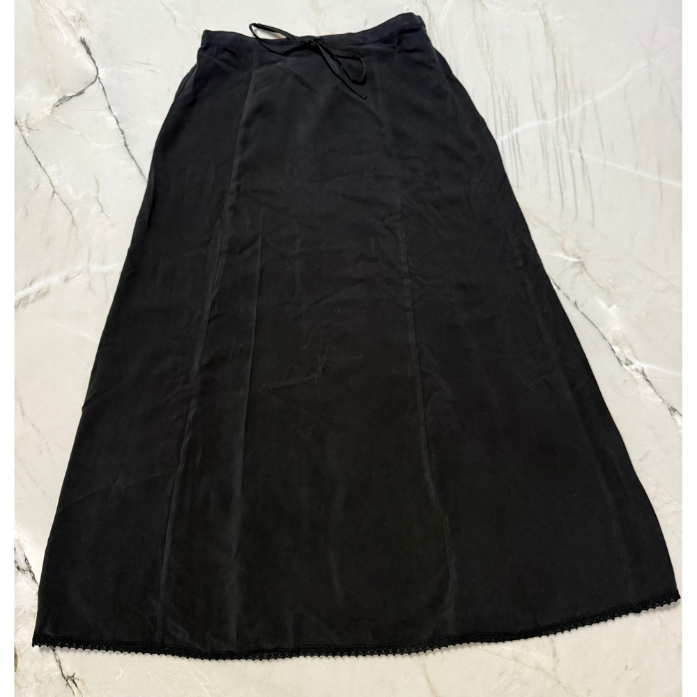 VTG Danny Noble Off The Cuff Black 100% Silk Maxi Skirt Lace Trim A-Line Small